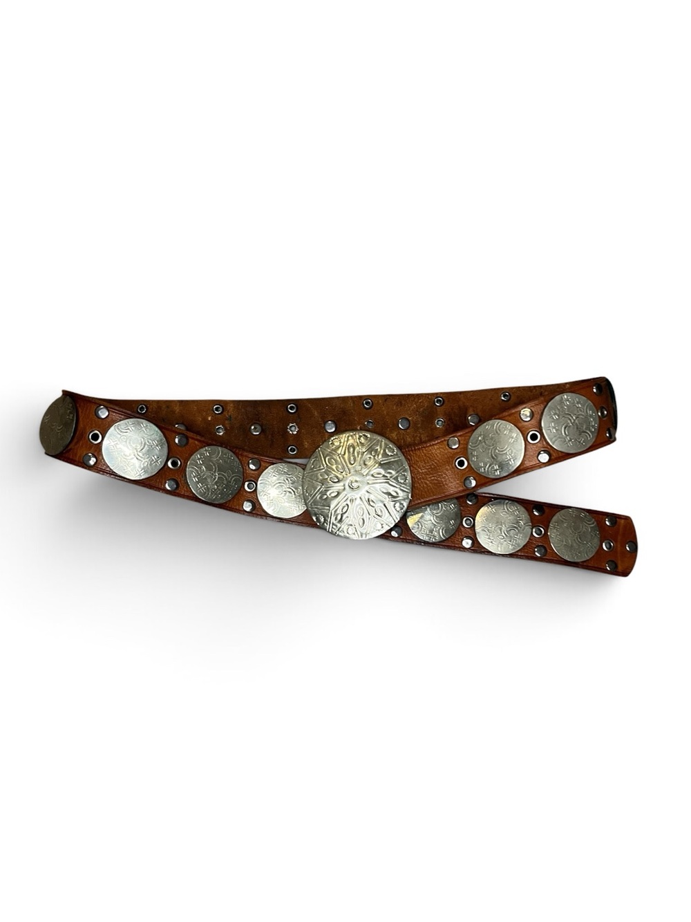 Brown Leather Western Coin Belt with Silver Conchos